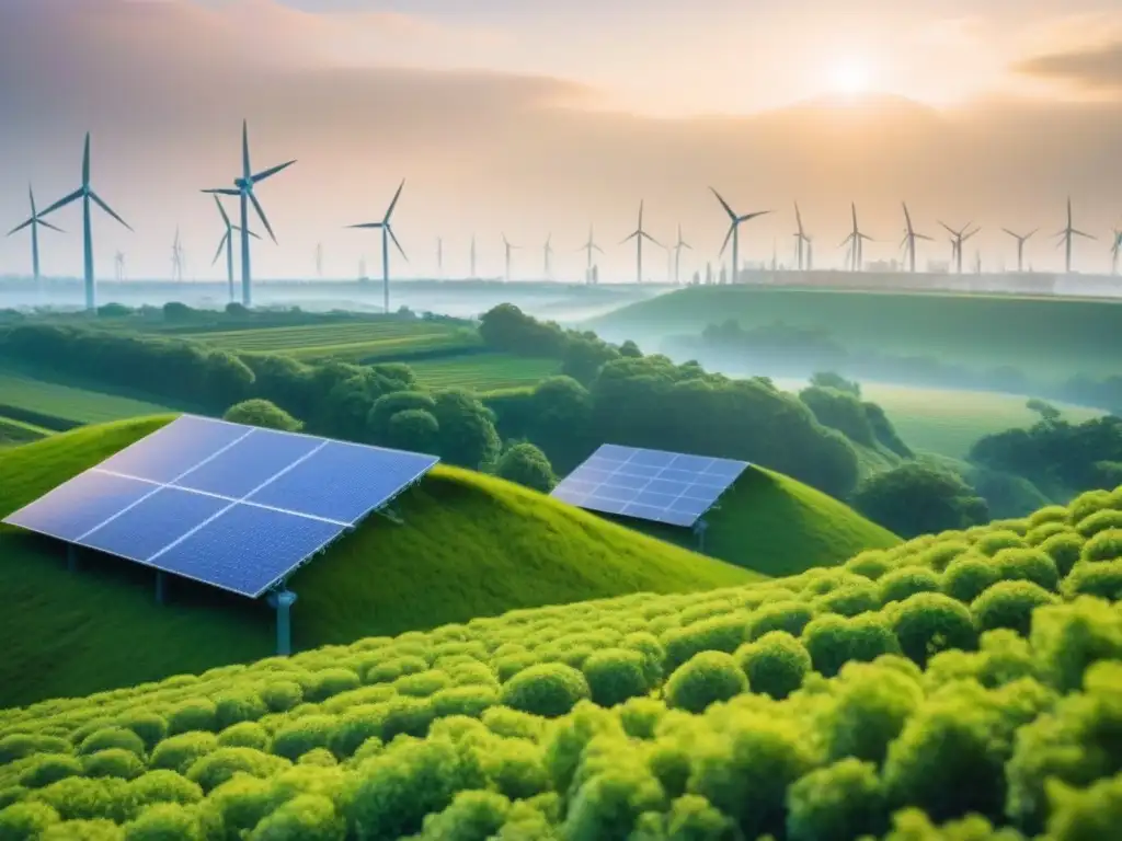 Metrópolis sostenible: diseño moderno y ecoamigable Un paisaje urbano vibrante y futurista con techos verdes, paneles solares y turbinas eólicas integradas en la arquitectura