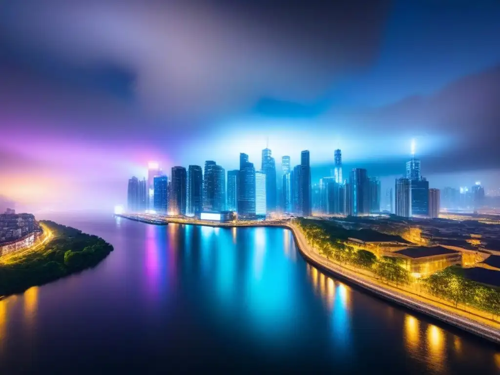 Horizonte futurista: luces y arquitectura global Un paisaje urbano vibrante y futurista de noche con rascacielos iluminados y un río brillante