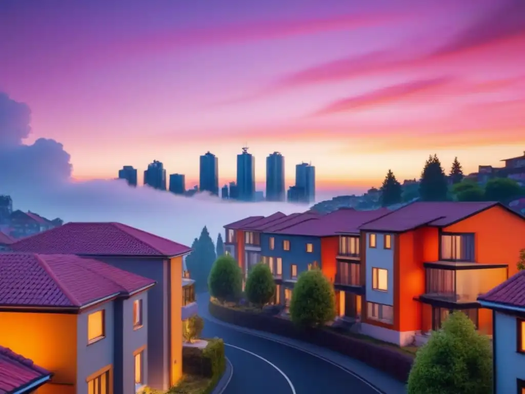 Horizonte urbano: fusión de tradición y modernidad en comunidad global Un paisaje urbano vibrante y futurista que refleja la armonía entre lo tradicional y lo moderno en las políticas de vivienda globales