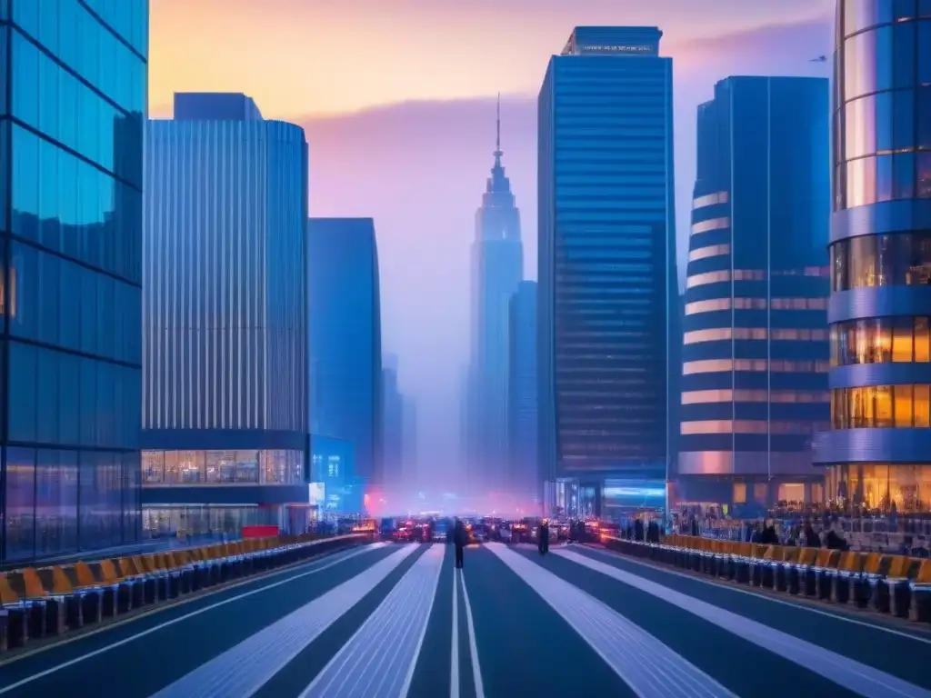 Metrópolis futurista: innovación y sofisticación en el mercado inmobiliario Un paisaje urbano vibrante y futurista al anochecer, con rascacielos elegantes que reflejan luces de colores