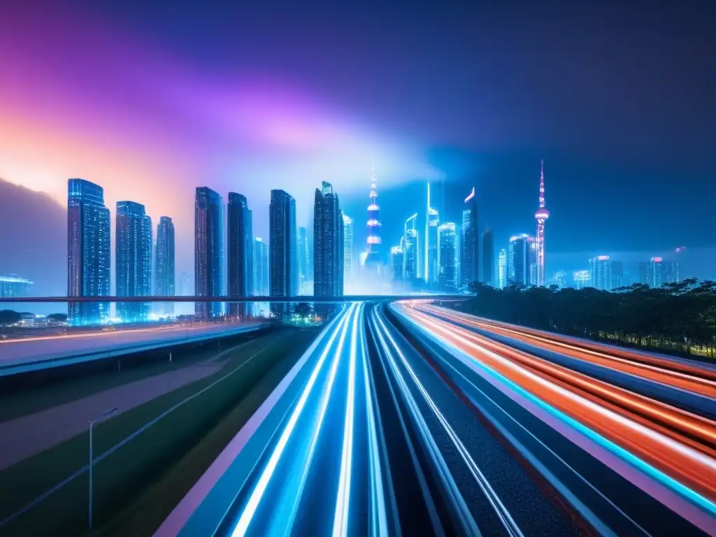 Metrópolis futurista: rascacielos iluminados y alta tecnología Un paisaje urbano vibrante y futurista de noche, con rascacielos elegantes y diseño arquitectónico innovador iluminados por luces de neón