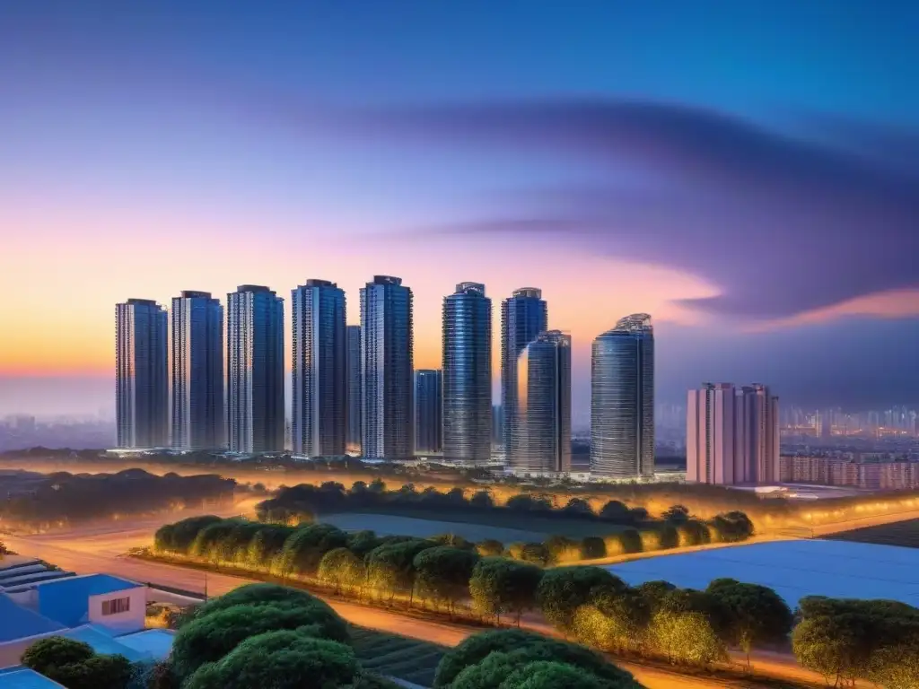 Un paisaje urbano vibrante iluminado al anochecer, reflejando el impacto de políticas de vivienda en inversión inmobiliaria