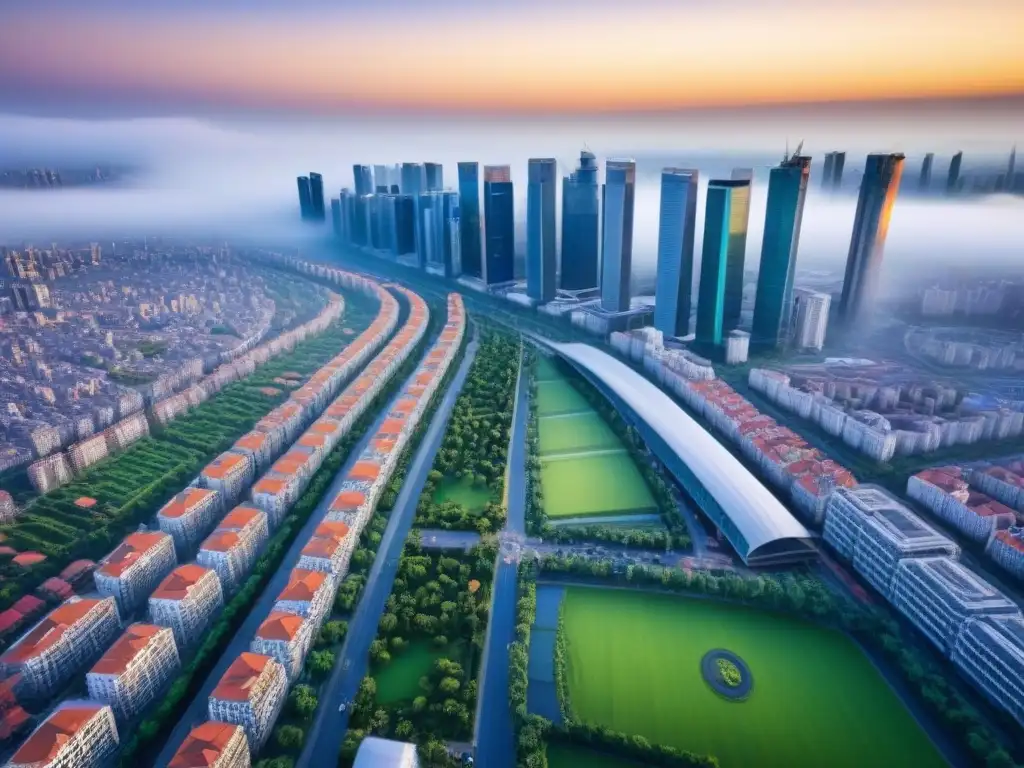Metrópolis en Evolución: Arquitectura Futurista y Tradicional Un paisaje urbano vibrante que refleja la migración interna y la demanda de vivienda global