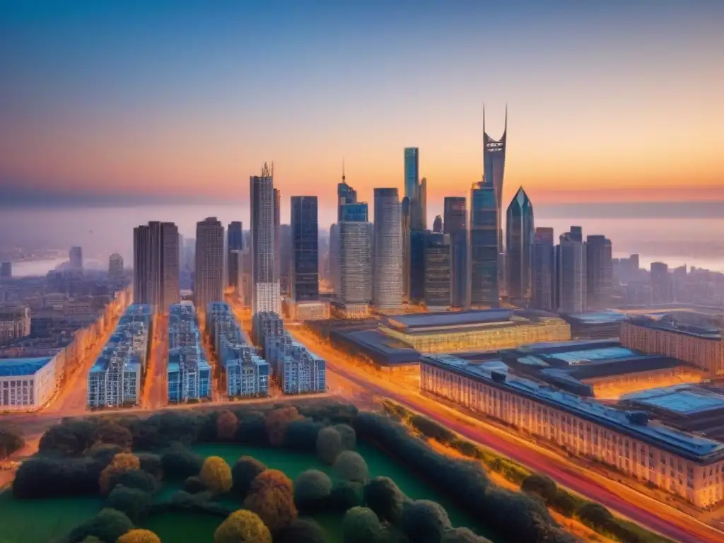 Skyline multicultural fusion en atardecer vibrante Un paisaje urbano vibrante y moderno, reflejando la integración y diversidad cultural en estrategias de marketing inmobiliario adaptado a culturas