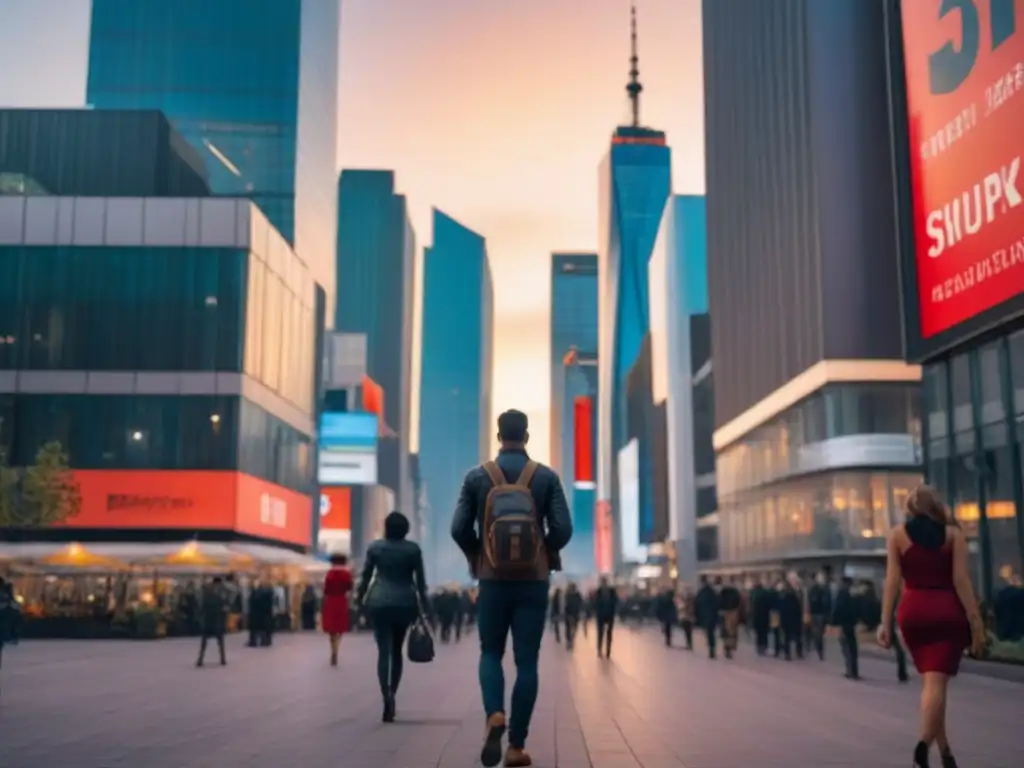 Metrópolis moderna al atardecer: reflejos de cristal en la ciudad vibrante Un paisaje urbano vibrante y moderno al atardecer, con rascacielos imponentes y fachadas de vidrio reflejando la cálida luz del sol poniente