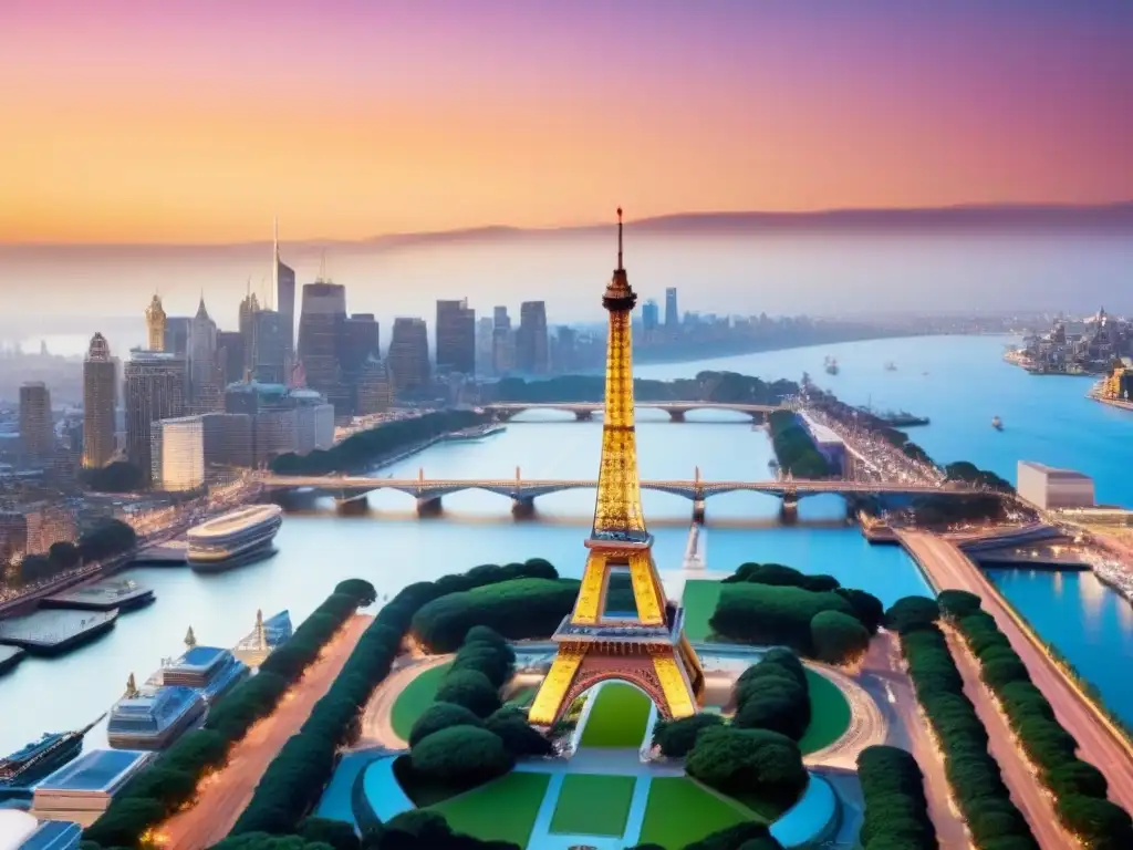 Cityscape global: íconos culturales en sinergia Un paisaje urbano vibrante y moderno con íconos culturales globales fusionados, iluminado en tonos dorados al atardecer