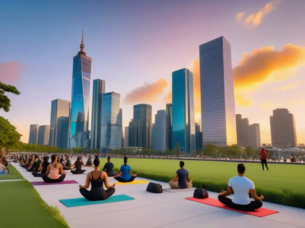 Metrópolis innovadora: arquitectura moderna, comunidades activas y espacios verdes al atardecer Un paisaje urbano vibrante y moderno al anochecer, reflejando la inversión inmobiliaria consciente de los Millennials