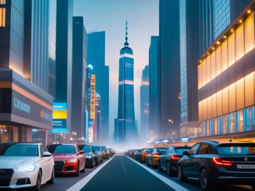 Horizonte urbano en crecimiento: arquitectura futurista y energía vibrante en economías emergentes Un paisaje urbano vibrante al anochecer con rascacielos relucientes, calles transitadas y una energía urbana que simboliza el crecimiento y desarrollo en el sector inmobiliario de economías en transición