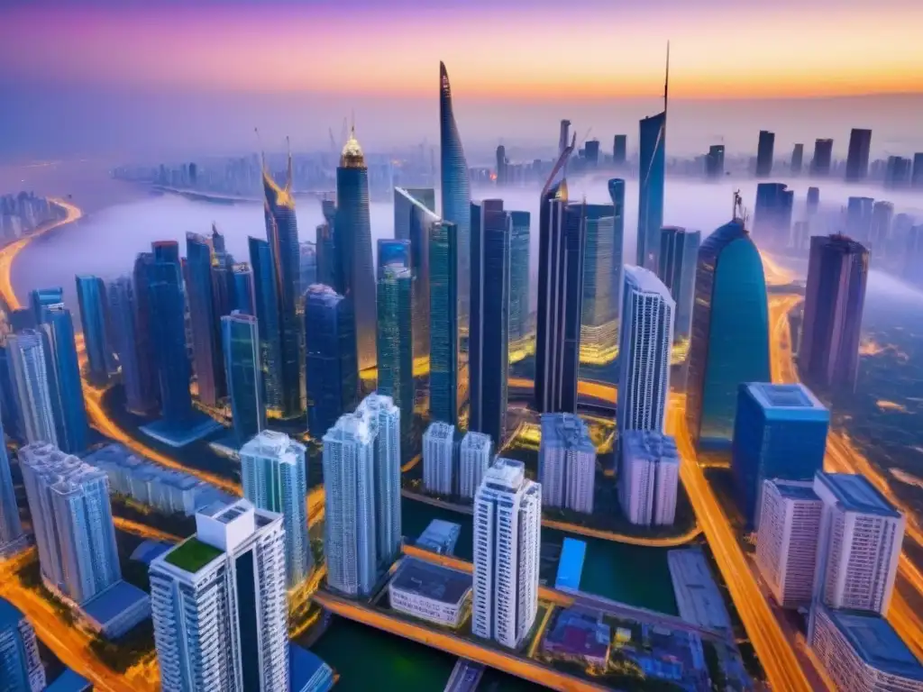 Vista aérea impactante del mercado inmobiliario global Un paisaje urbano vibrante con rascacielos, edificios modernos y autopistas, muestra la dinámica del mercado inmobiliario internacional