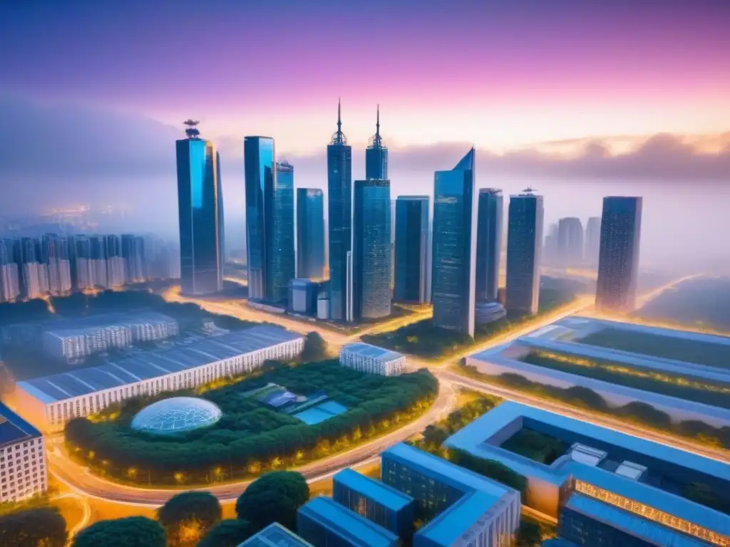 Metrópolis futurista con blockchain en urbanismo Un paisaje urbano vibrante con rascacielos futuristas interconectados por senderos digitales brillantes, mostrando una integración perfecta de la tecnología blockchain en la planificación urbana