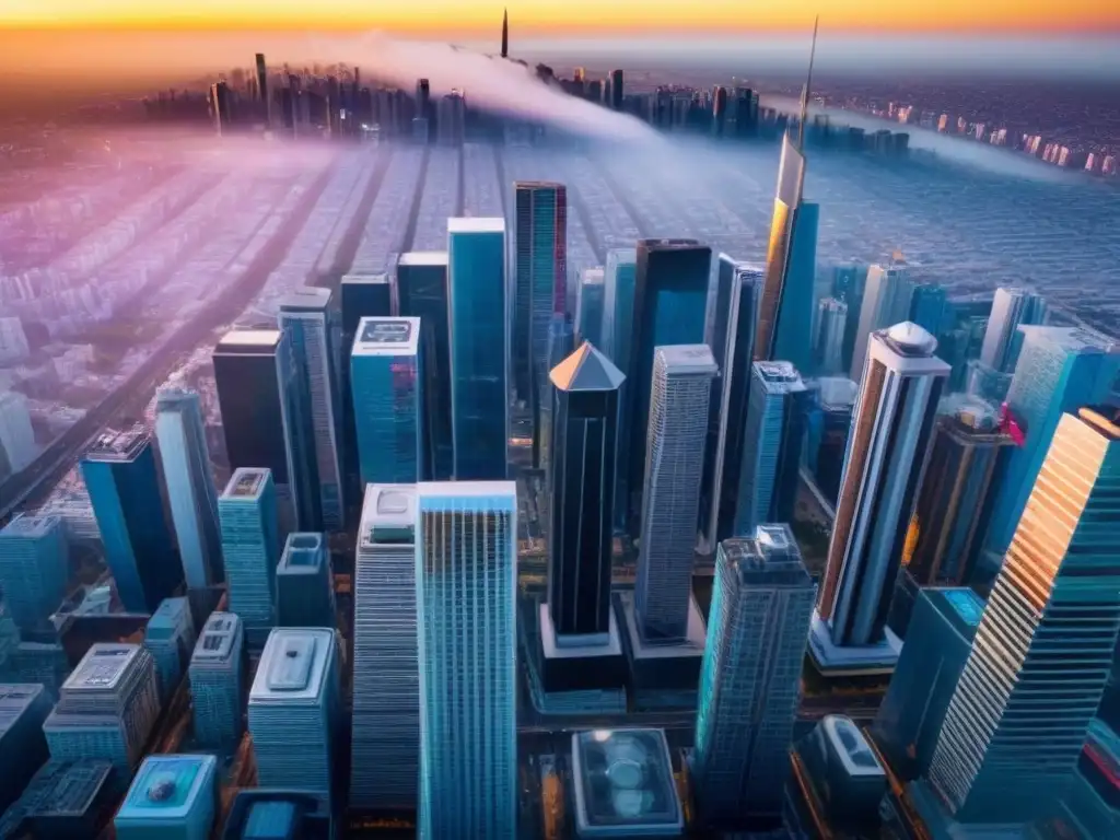 Metrópolis futurista: real estate digital con influencers Un paisaje urbano vibrante con rascacielos modernos en una ciudad bulliciosa, representando el marketing inmobiliario digital con influencers
