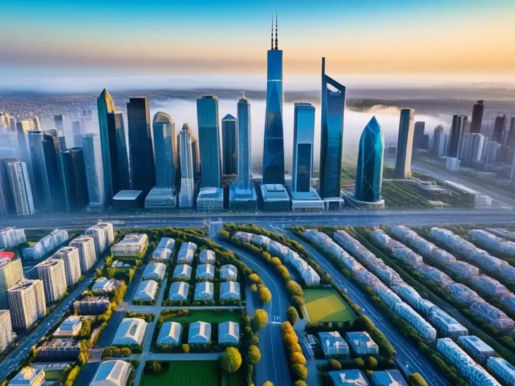 Panorámica urbana: real estate en pleno auge Un paisaje urbano vibrante con rascacielos modernos y edificios residenciales, reflejando el mercado inmobiliario global
