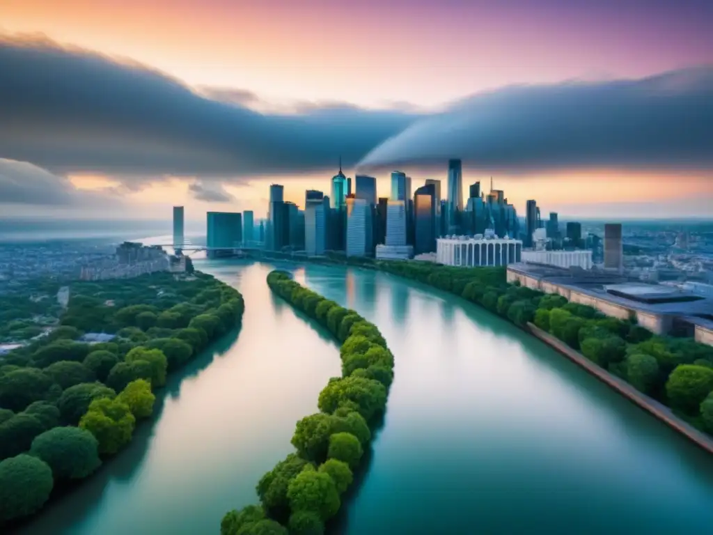 Metrópolis vibrante: horizonte contemporáneo fusiona historia y naturaleza Un paisaje urbano vibrante con rascacielos y monumentos históricos rodeados de naturaleza, iluminados por el sol poniente