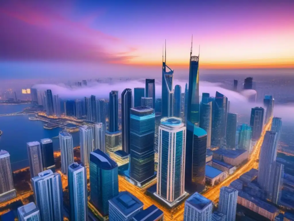 Horizonte urbano vibrante: mercado inmobiliario en auge Un paisaje urbano vibrante con rascacielos modernos, reflejando un mercado inmobiliario próspero