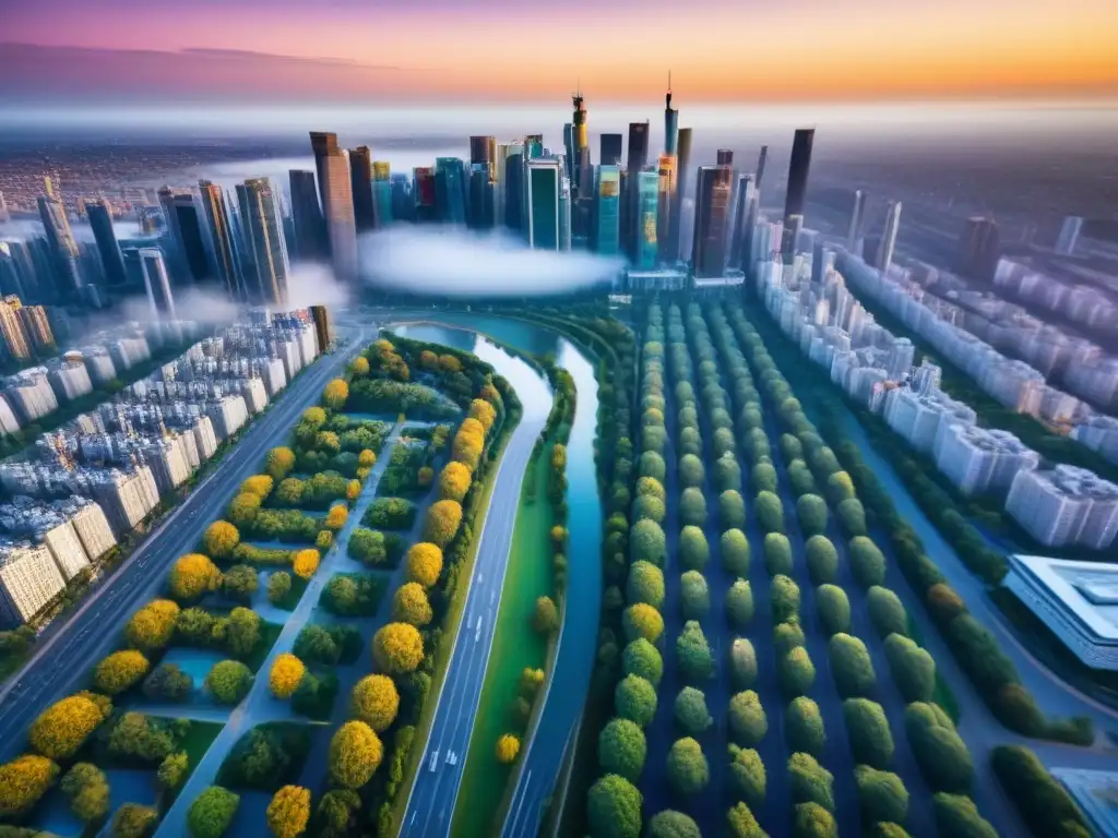 Metrópolis moderna: skyline vibrante y conectado Un paisaje urbano vibrante con rascacielos modernos y un río serpenteante, bañado por cálida luz solar