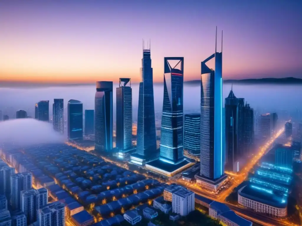 Horizonte urbano innovador: impacto del crowdfunding inmobiliario Un paisaje urbano vibrante al anochecer con rascacielos futuristas iluminados, reflejando historias inspiradoras crowdfunding inmobiliario