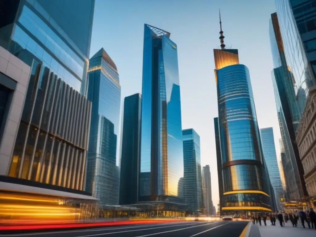 Rascacielos de inversión inmobiliaria: lujo global y oportunidad Un paisaje urbano vibrante con rascacielos modernos, simbolizando los beneficios de invertir en REITs