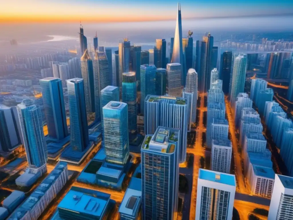 Metrópolis moderna: mercado inmobiliario internacional dinámico y vibrante Un paisaje urbano vibrante con rascacielos modernos, simbolizando tácticas de negociación inmobiliaria internacional