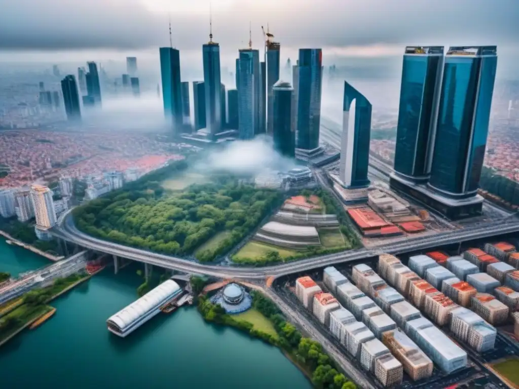 Cityscape vibrante: desarrollo inmobiliario en metrópolis Un paisaje urbano vibrante con rascacielos modernos y edificios tradicionales, simbolizando estrategias mercado inmobiliario emergentes