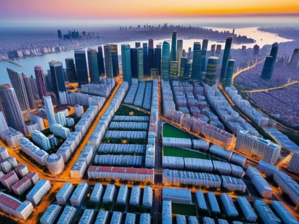 Metrópolis dinámica: impacto global en mercados inmobiliarios locales Un paisaje urbano vibrante con rascacielos modernos y mercados callejeros, iluminado por la luz dorada del atardecer