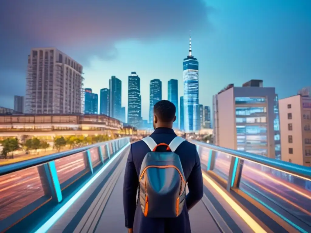 Metrópolis vibrante: luces y modernidad en la ciudad del futuro Un paisaje urbano vibrante al anochecer, con rascacielos iluminados por luces coloridas