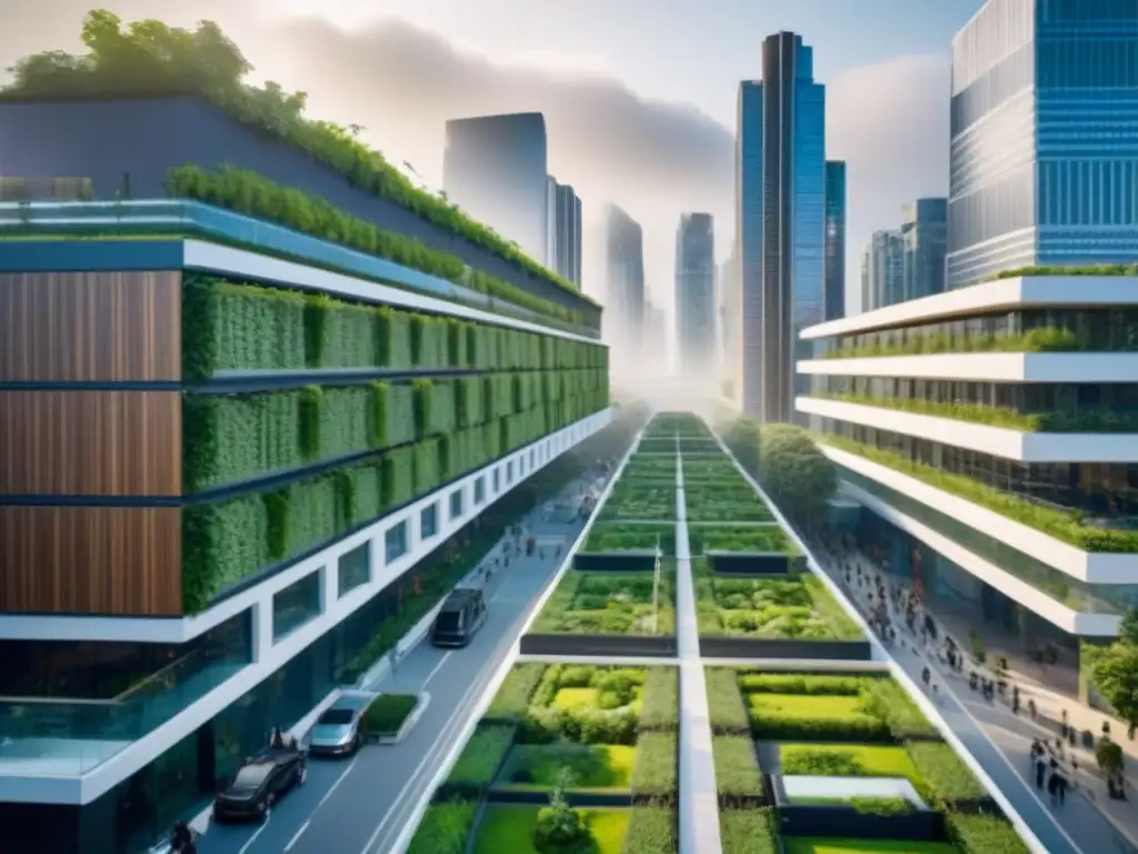 Metrópolis sostenible: arquitectura futurista y naturaleza en armonía Un paisaje urbano vibrante con rascacielos modernos y jardines en azoteas, en armonía con normativas ambientales desarrollo urbano global