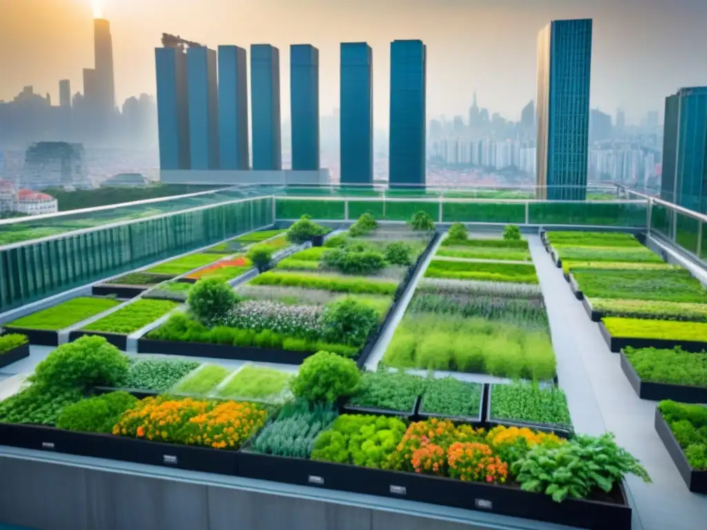 Horizonte urbano sostenible: jardines en azoteas verdes Un paisaje urbano vibrante con rascacielos adornados de techos verdes beneficios urbanos, simbolizando la armonía entre naturaleza y ciudad