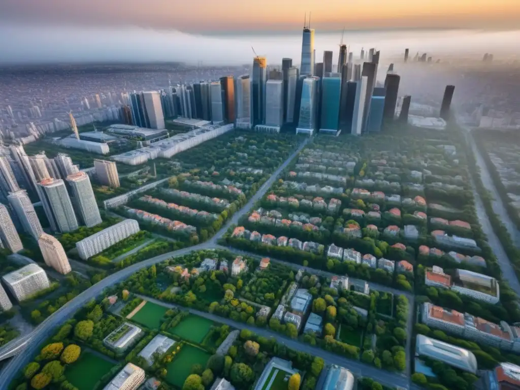 Metrópolis dinámica: arquitectura moderna y espacios verdes en el mercado inmobiliario internacional Un paisaje urbano vibrante con rascacielos y espacios verdes, reflejando la dinámica del mercado inmobiliario