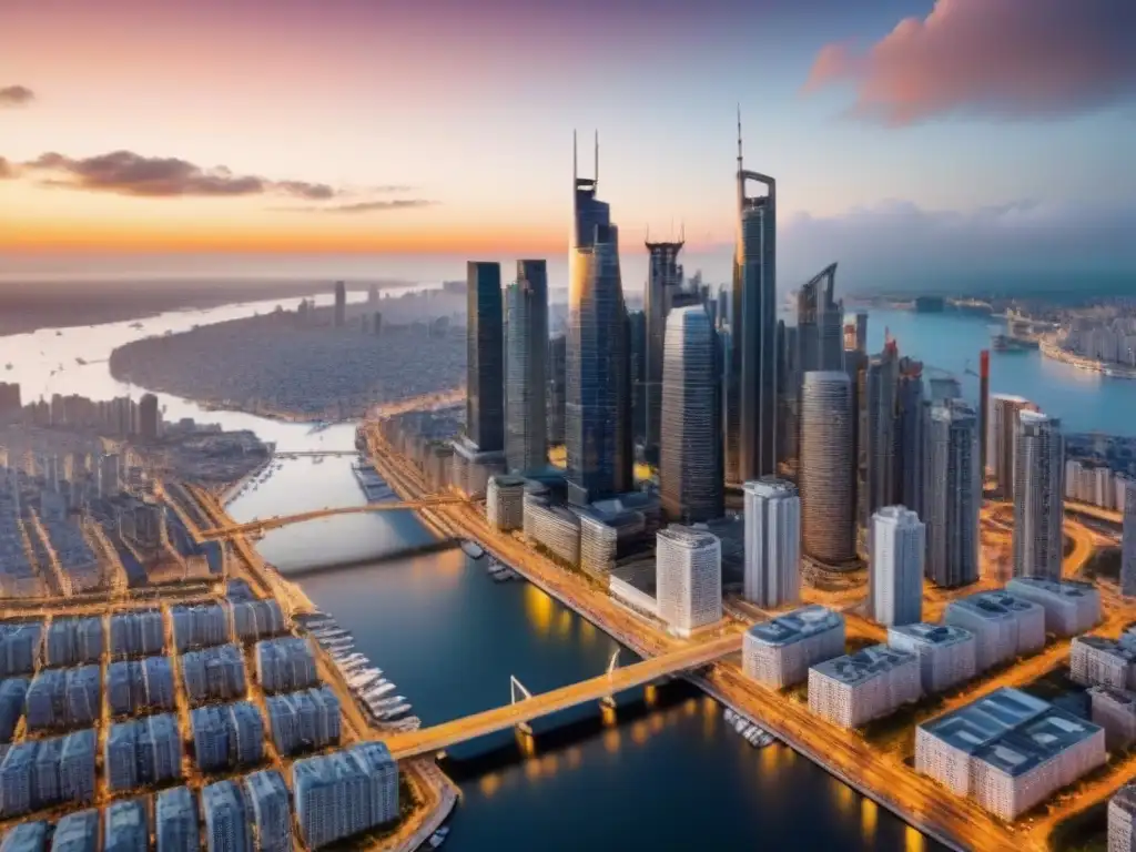 Metrópolis en expansión: luces, rutas y posibilidades Un paisaje urbano vibrante con rascacielos, carreteras y barcos en un atardecer cálido