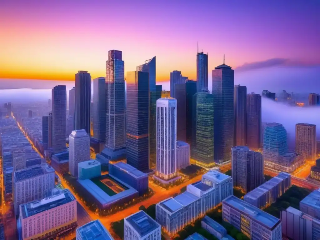 Horizonte urbano diverso al atardecer: energía y diversidad cosmopolita Un paisaje urbano vibrante con rascacielos modernos representando estilos arquitectónicos diversos, iluminado por un atardecer de tonos cálidos