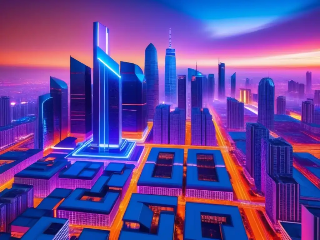Metrópolis digital futurista con seguridad de datos Un paisaje urbano virtual futurista con rascacielos y luces de neón, integrando medidas avanzadas de seguridad de datos