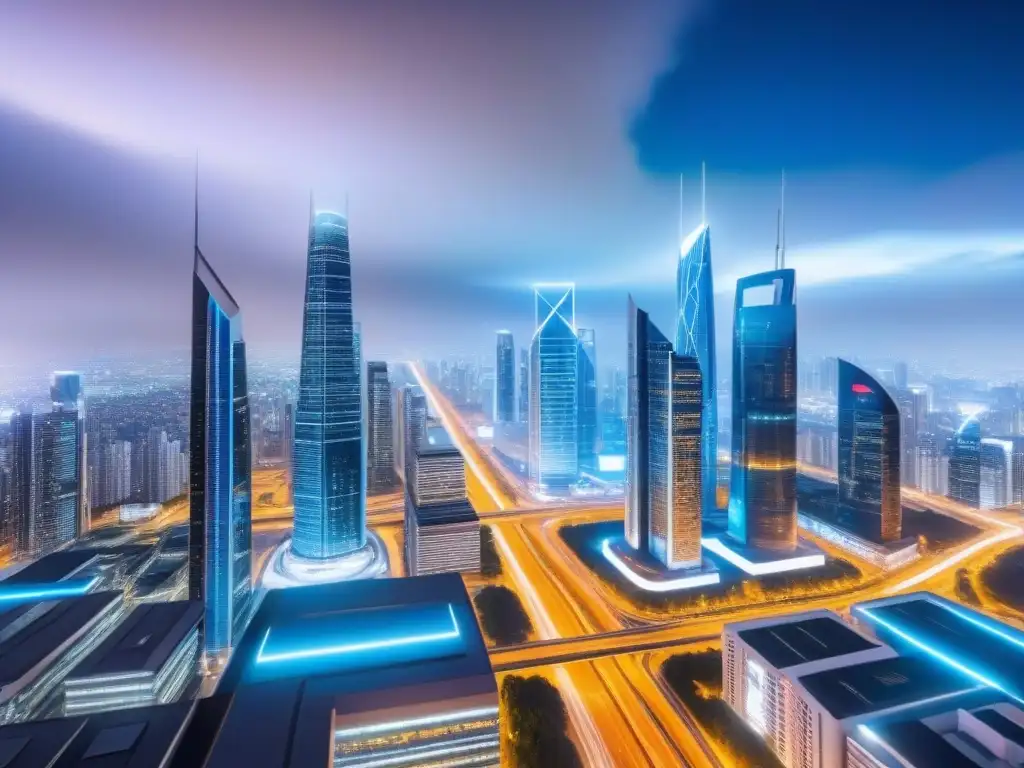 Un paisaje urbano virtual futurista con alta seguridad cibernética y tecnología avanzada