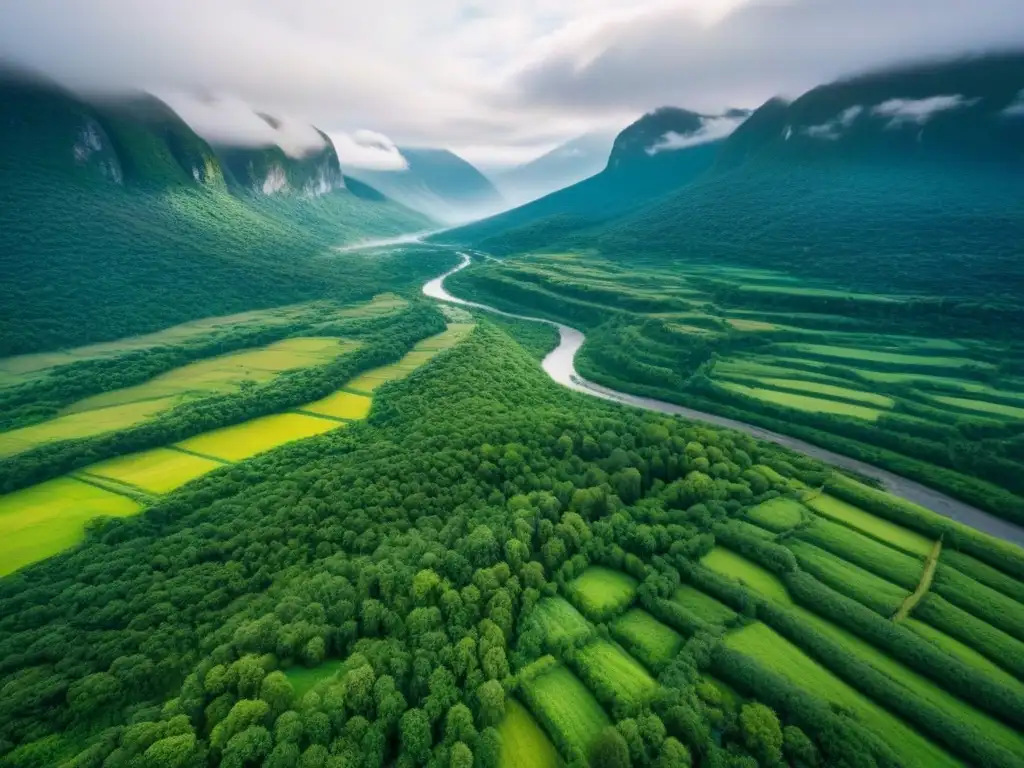 Tierras vírgenes: belleza natural y potencial de desarrollo Un paisaje virgen de valor terrenos sin desarrollar tendencias: bosques verdes, ríos serpenteantes y montañas nevadas a lo lejos