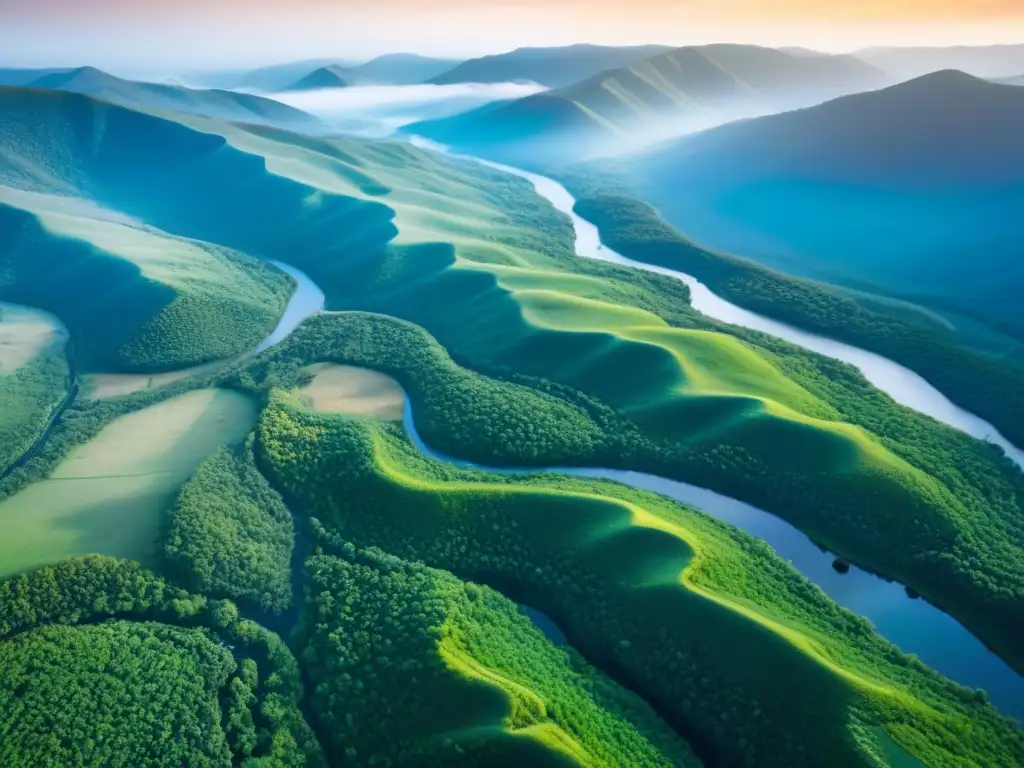 Oportunidades de inversión en paisajes vírgenes Un paisaje virgen de vastas tierras sin desarrollar, con colinas, bosques y ríos, revela el potencial de inversión