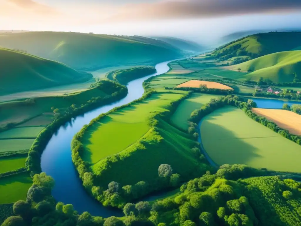 Paraíso verde: comunidad sostenible integrada en la naturaleza Un paisaje verde exuberante con colinas, árboles dispersos y un río cristalino, mostrando terrenos sin desarrollar sostenibles