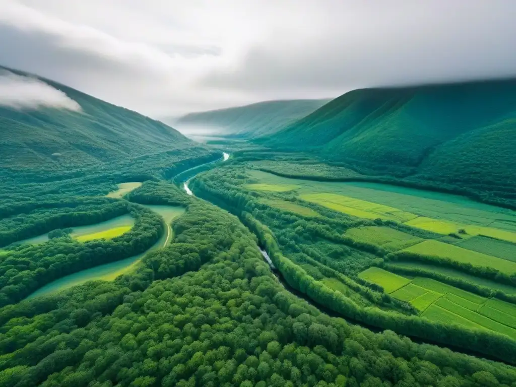 Paraíso verde: paisaje sostenible con río cristalino Un paisaje verde exuberante con colinas onduladas, un río cristalino y un bosque diverso
