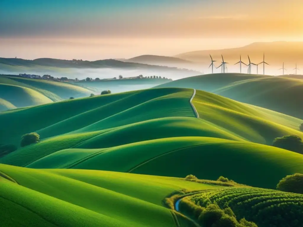 Comunidad sostenible: armonía entre naturaleza y desarrollo moderno Un paisaje verde exuberante con colinas, hogares ecoamigables y molinos de viento al atardecer