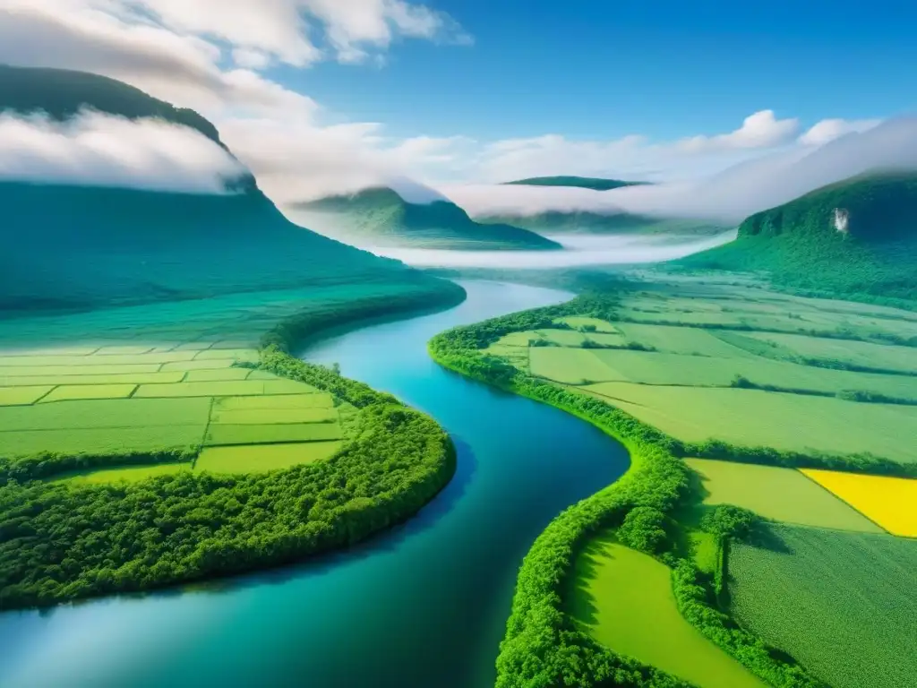 Tierra verde exuberante y río cristalino bajo cielo azul Un paisaje verde y exuberante, con un río cristalino serpenteando bajo un cielo azul