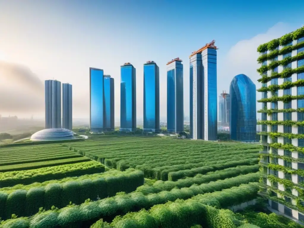 Metrópolis futurista ecológica: arquitectura verde y energías renovables Un paisaje toma vida: rascacielos ecológicos con jardines, paneles solares y turbinas eólicas