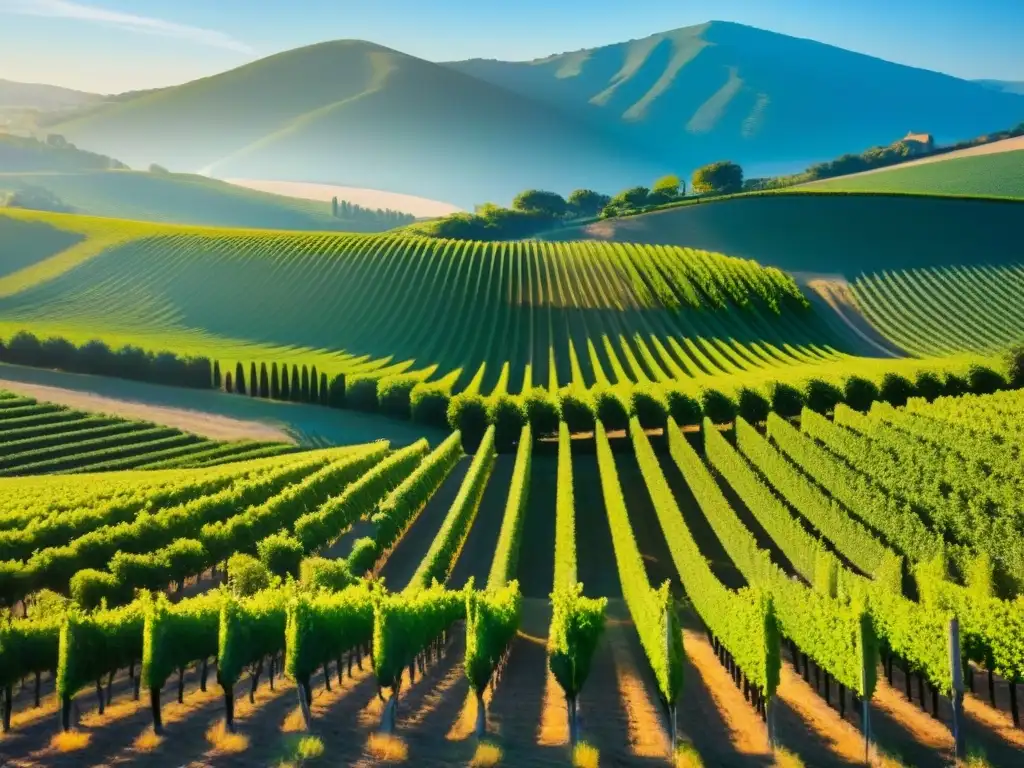 Viñedos de ensueño: inversión rentable en propiedades internacionales Un paisaje de viñedos exuberantes bajo el sol, con una bodega moderna