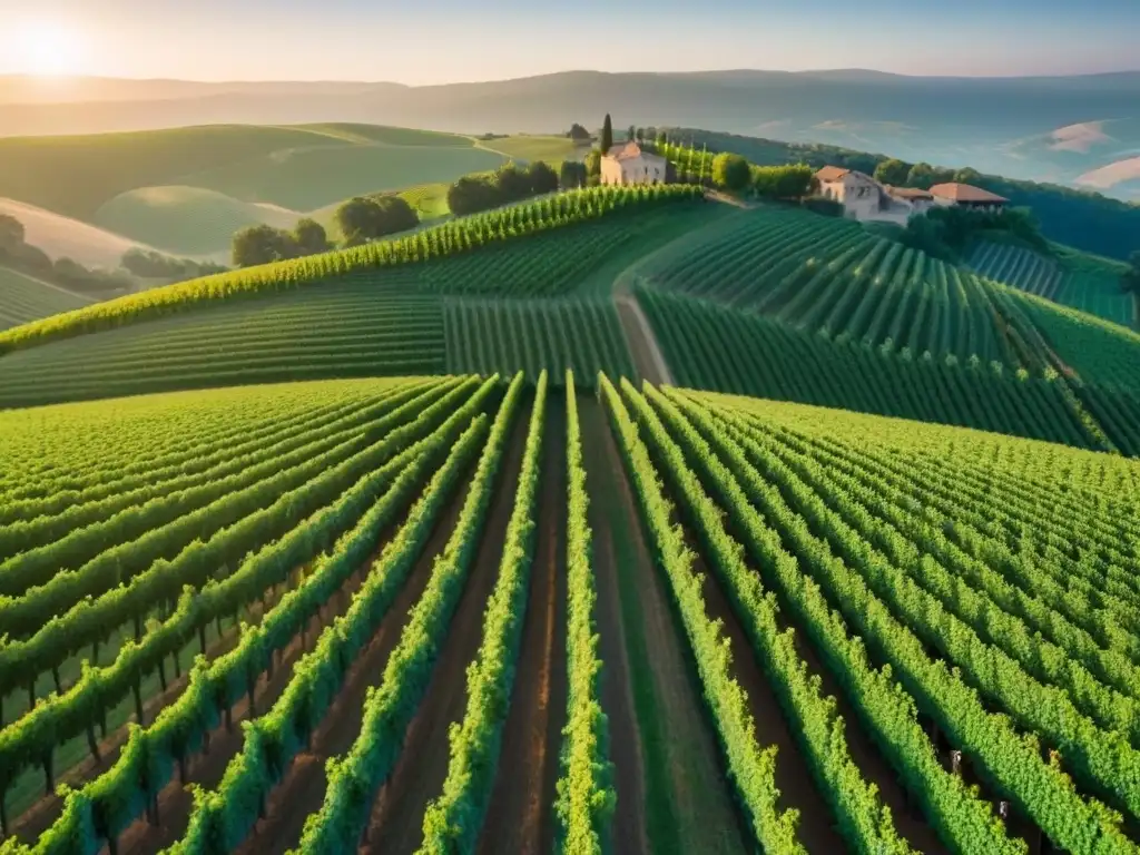 Viñedos exquisitos al atardecer: lujo y sofisticación Un paisaje de viñedos ordenados en colinas, bañados por la cálida luz dorada del atardecer