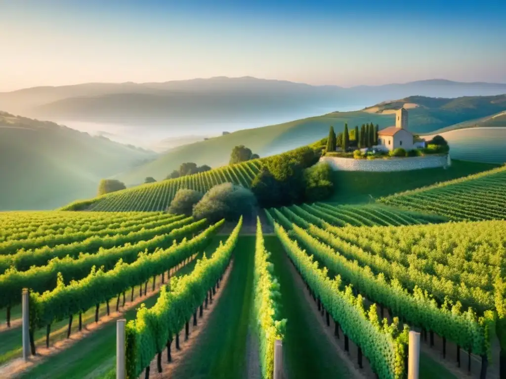 Viñedos exuberantes: paisaje sereno en bodega de piedra Un paisaje de viñedos verdes, viñas ordenadas bajo el sol dorado, una bodega de piedra añeja