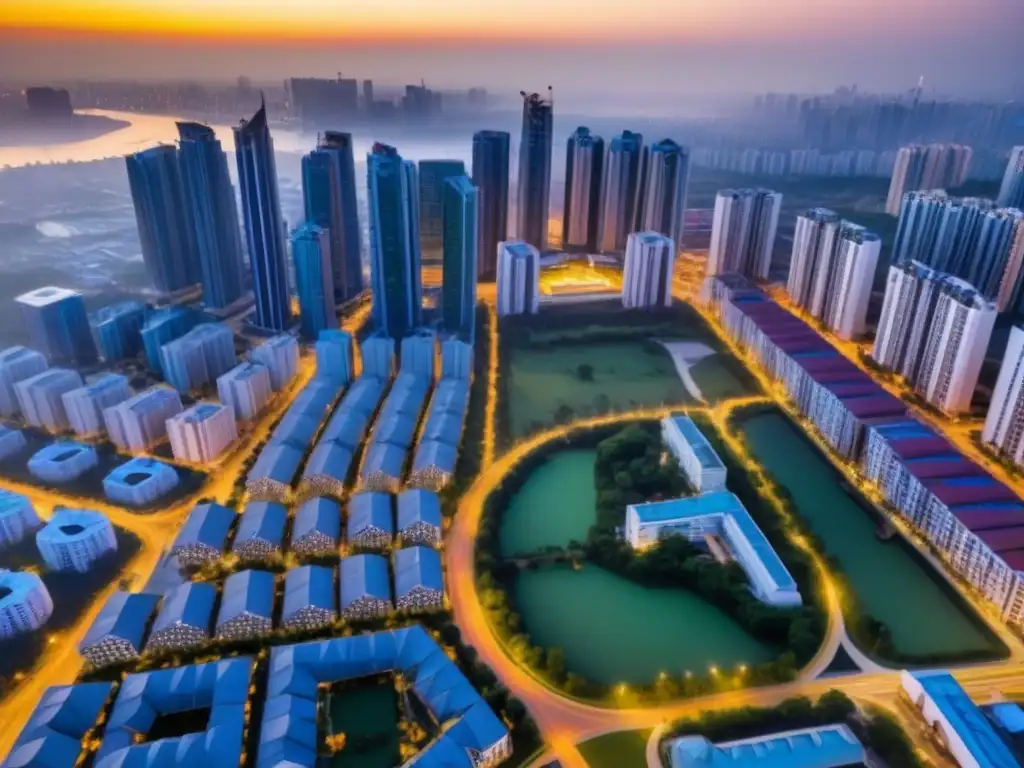 Metrópolis en crecimiento: paisaje urbano diverso y dinámico Países líderes en políticas innovadoras en vivienda: vista aérea de una ciudad en pleno desarrollo con modernos rascacielos y viviendas tradicionales