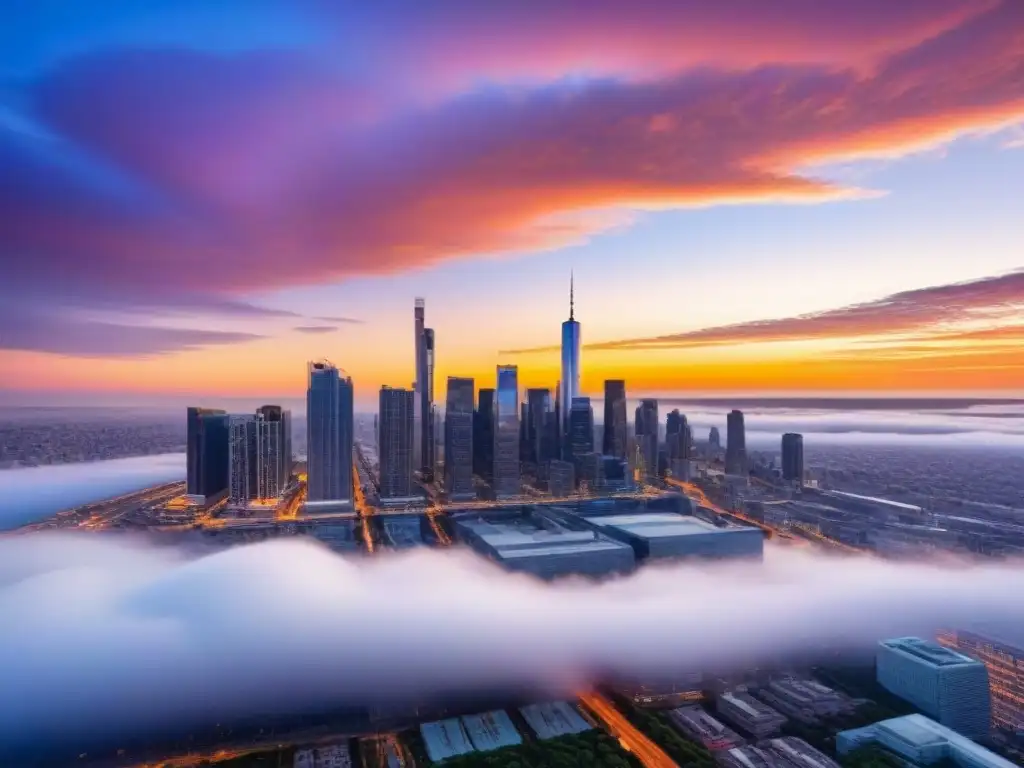 Horizonte urbano moderno al atardecer: reflejos de cristal y cielo vibrante Países con sistemas jurídicos sólidos: Atardecer de ensueño en la ciudad moderna, reflejando elegantes rascacielos y bulliciosas calles