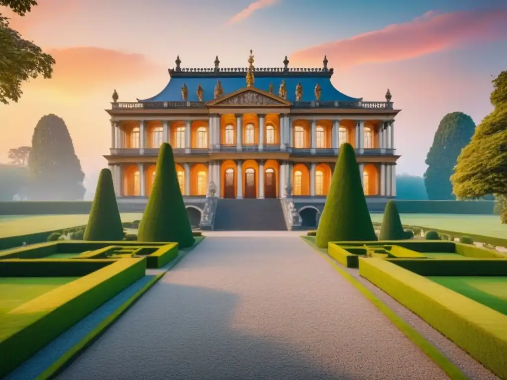 Palacio europeo centenario: esplendor arquitectónico en atardecer Compra palacios históricos internacionales: un majestuoso palacio europeo centenario con detalles arquitectónicos y jardines exuberantes al atardecer