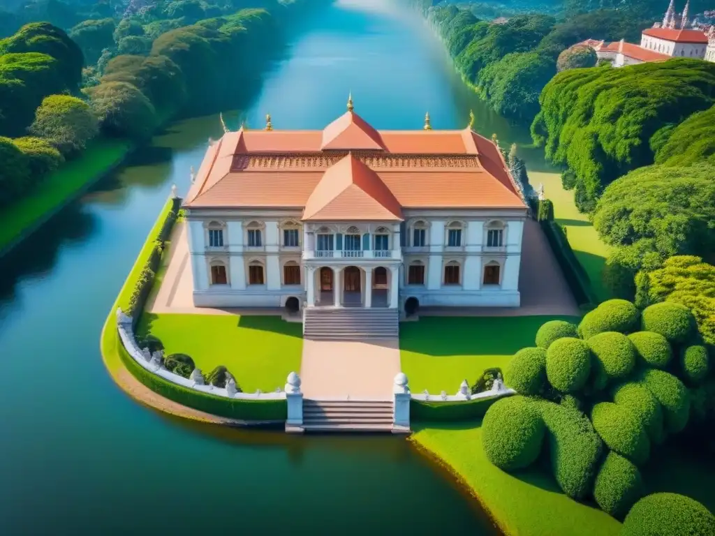 Palacio histórico: lujo y elegancia en un entorno natural Compra palacios históricos internacionales: majestuoso palacio con detalles arquitectónicos rodeado de exuberantes jardines y un río