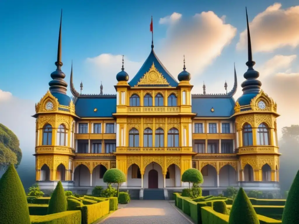 Palacio histórico: esplendor entre la naturaleza y el cielo azul Compra palacios históricos internacionales: majestuoso palacio entre exuberante vegetación, detalles arquitectónicos intrincados bajo cielo azul