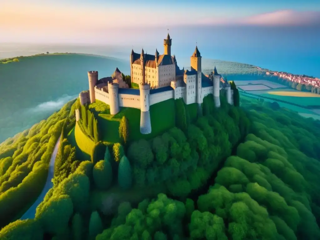 Castillo europeo antiguo: majestuosidad y tranquilidad Compra palacios históricos internacionales: Majestuoso castillo europeo rodeado de exuberante vegetación bajo un cielo azul claro
