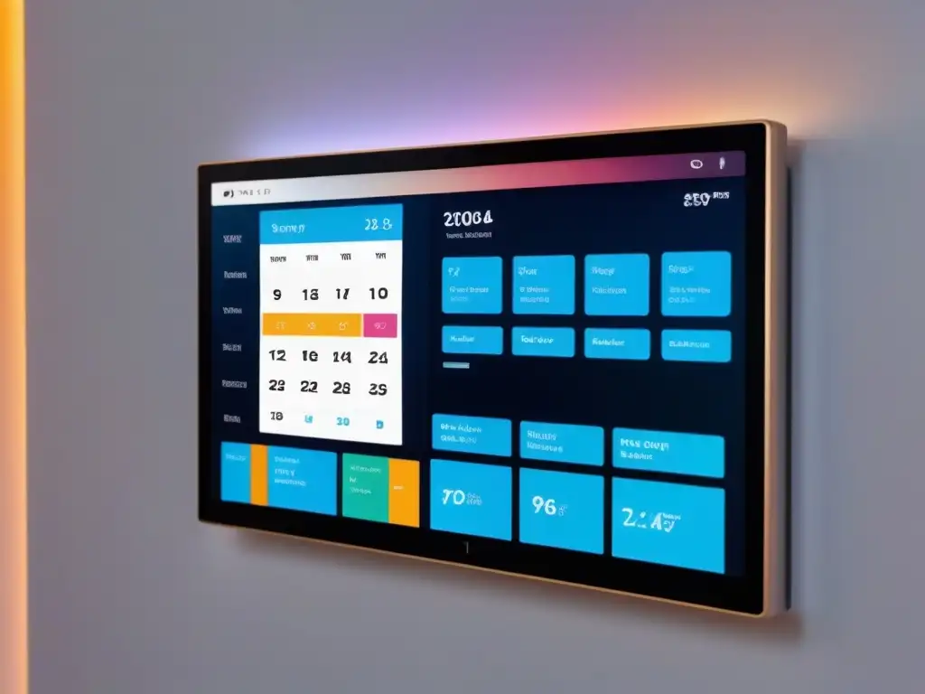Panel de control domótico futurista con IA para gestión del tiempo Un panel de control domótico futurista con calendario colorido, accesible remotamente