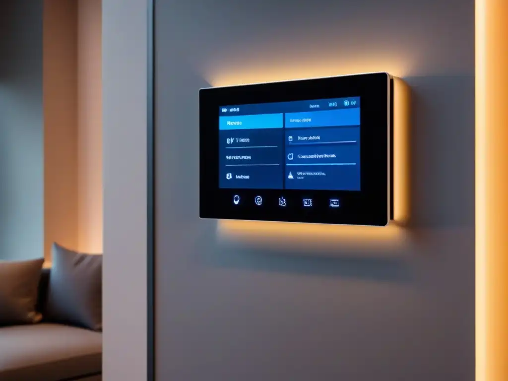 Panel de control inteligente para hogar: tecnología avanzada y diseño moderno Panel de control domótico futurista con pantalla táctil avanzada en elegante salón